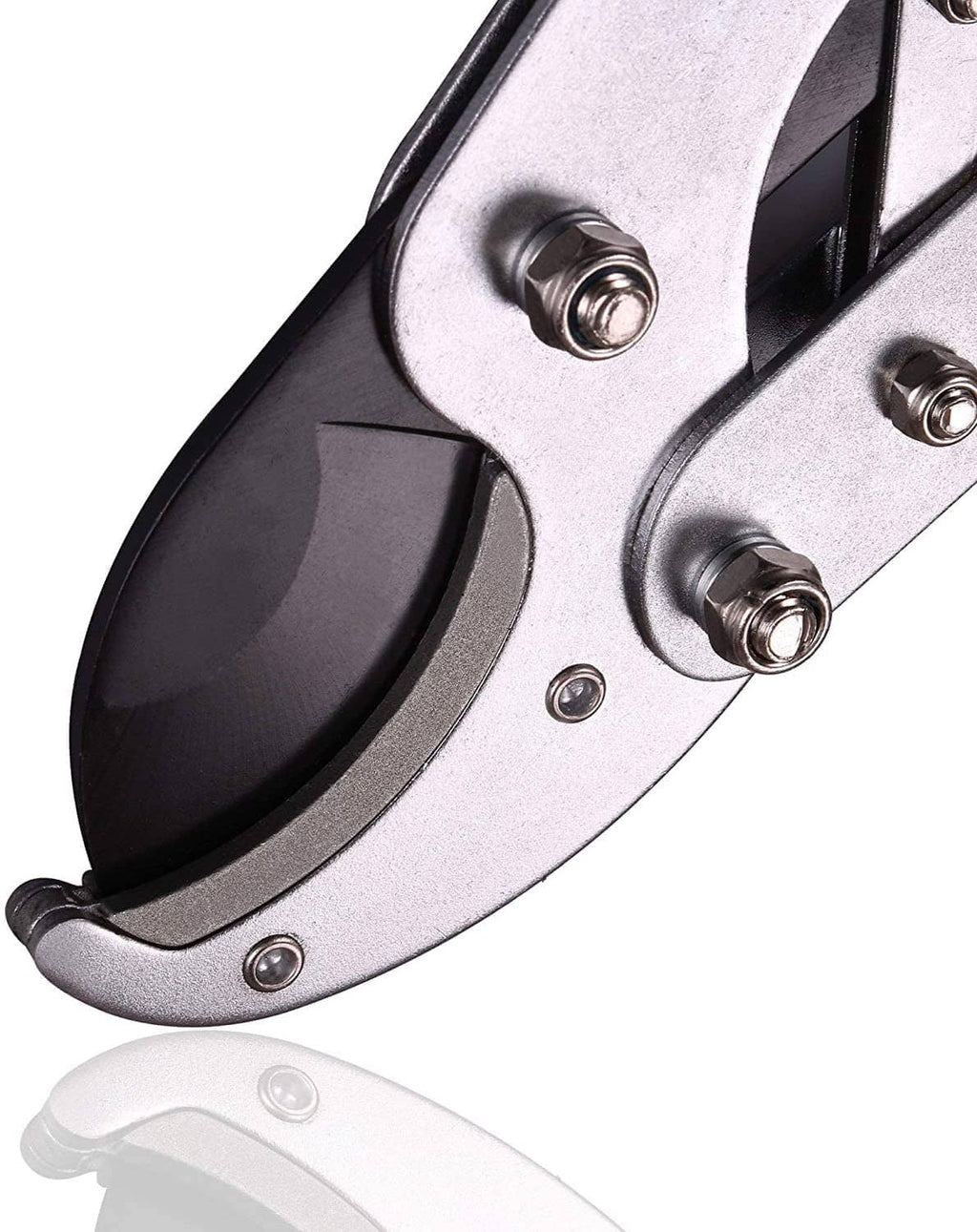 Close-up of anvil lopper curved anvil blade and metal hinge with bolts