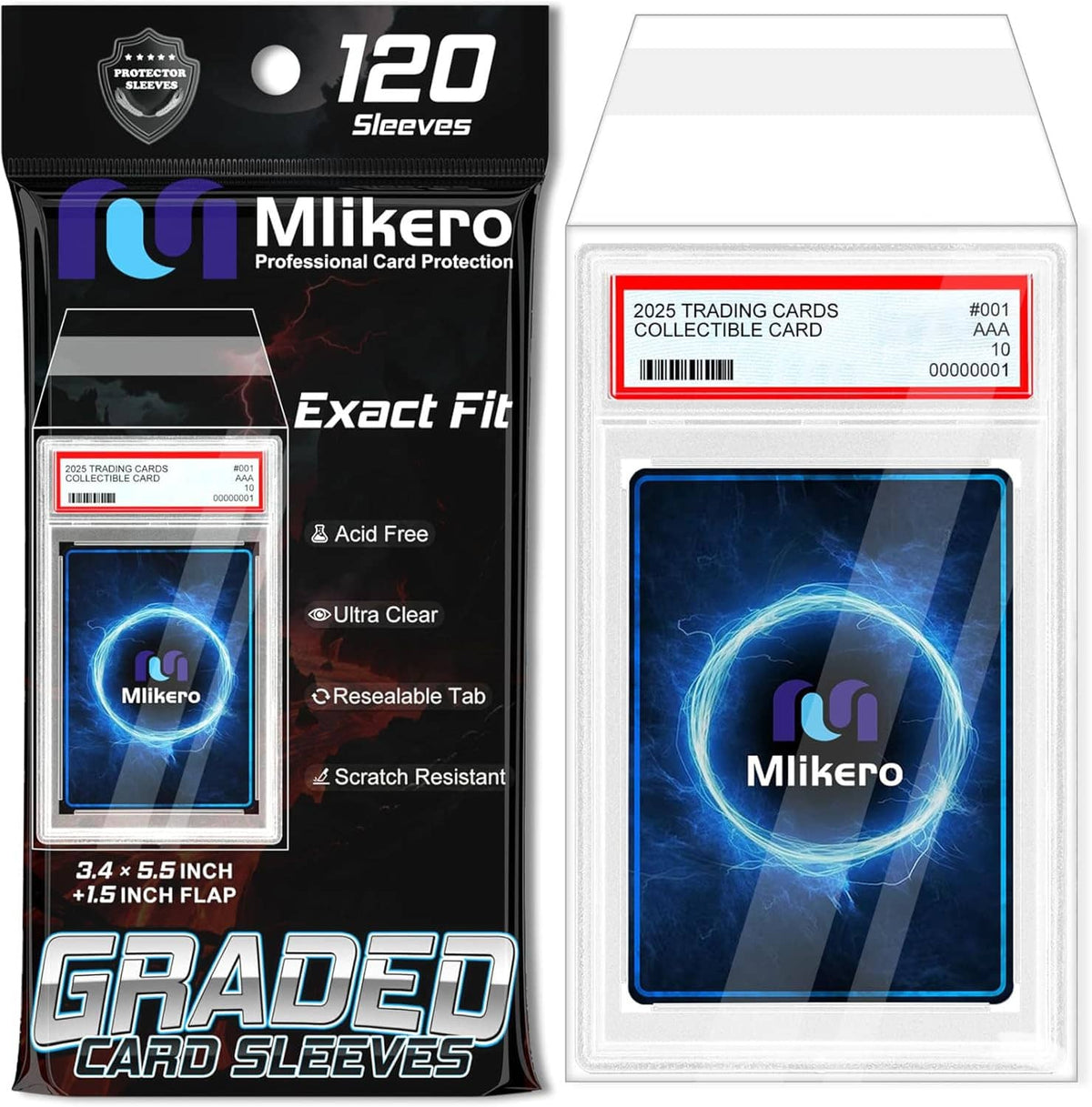 120-pack graded card sleeves with Exact Fit design, acid-free, resealable tab
