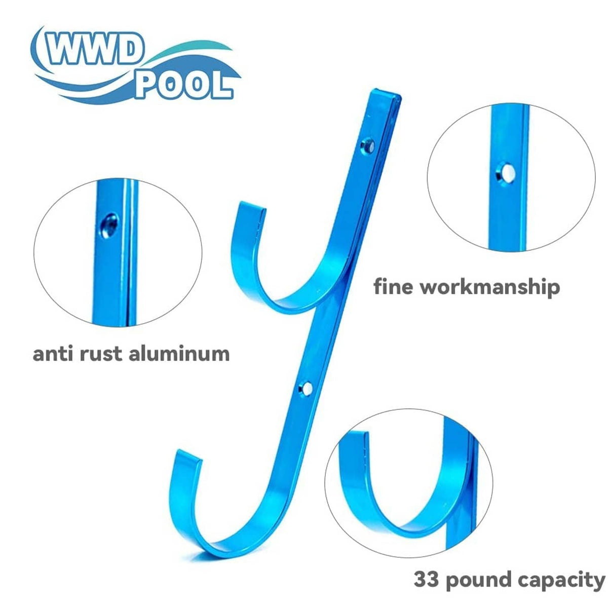 Blue anti-rust aluminum pole hanger with two U-shaped hooks and screw holes