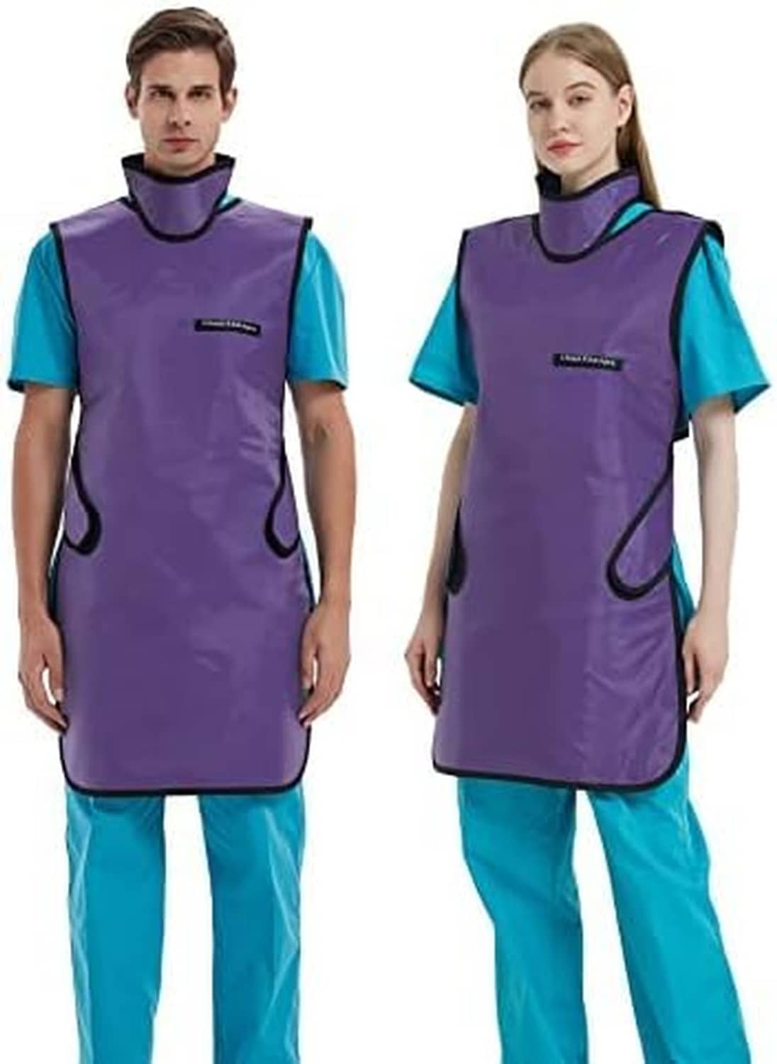 Lead x-ray apron with thyroid collar, purple front panel and black trim, unisex.