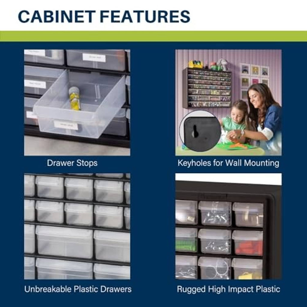 Black plastic drawer cabinet with clear drawers, featuring close-up panel views