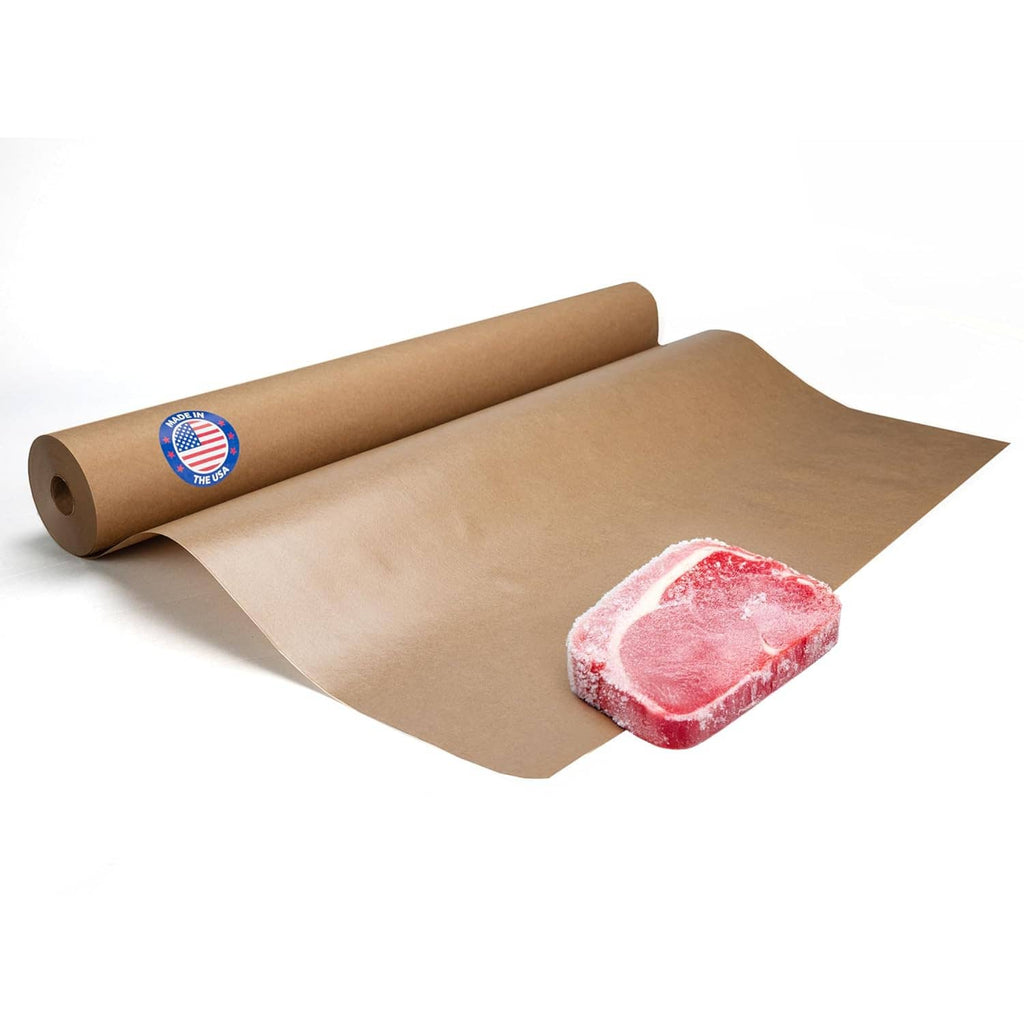Brown kraft freezer paper roll with sheet and wrapped meat sample