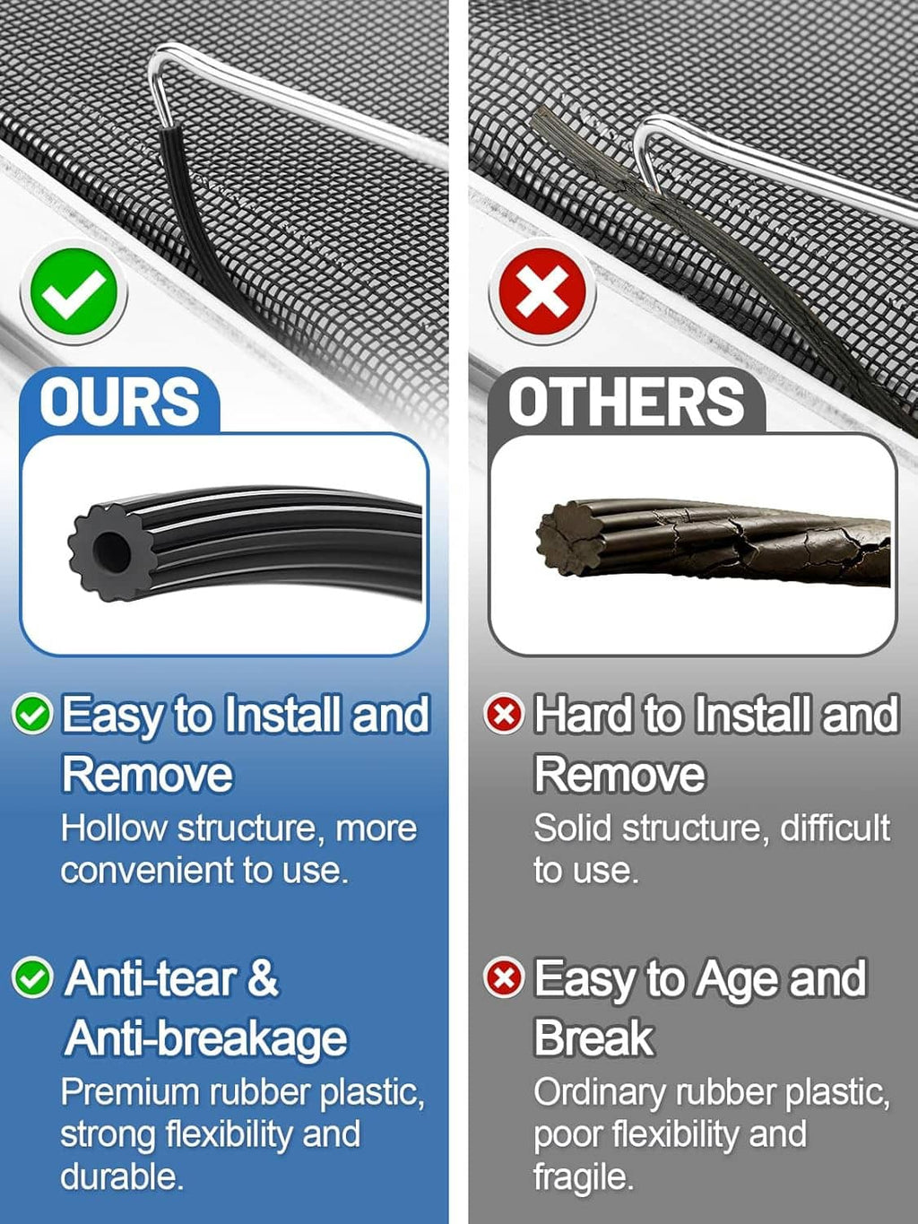 Screen repair kit components shown in comparison: spline and tools for screen groove work