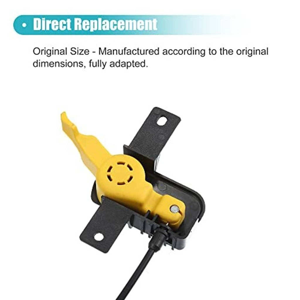 Hood release cable with yellow latch, black mounting bracket, and black cable run