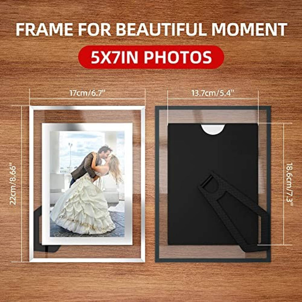 White 5x7 glass photo frame with backing and clear front window, compact size