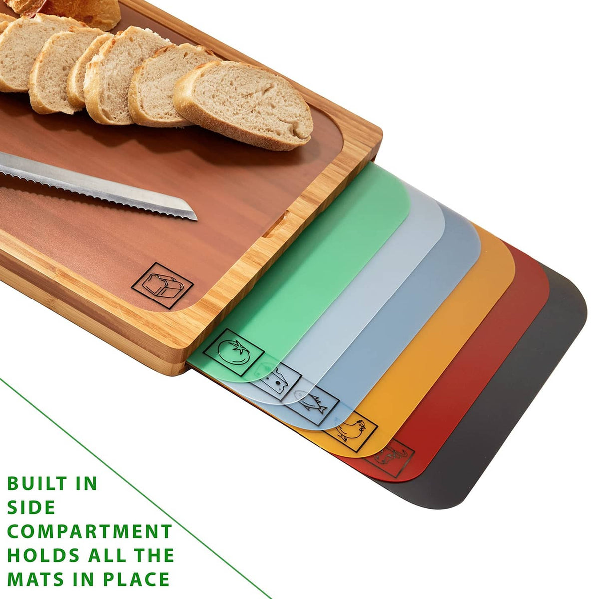 Bamboo cutting board with side compartments holding colored mats in place