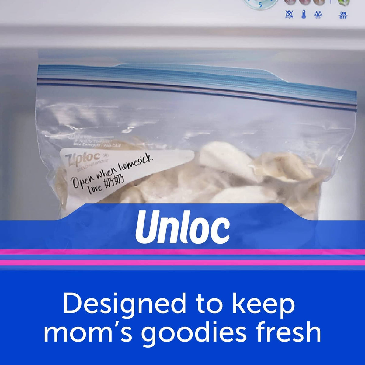 Sealed freezer food storage bag with light-colored food pieces inside
