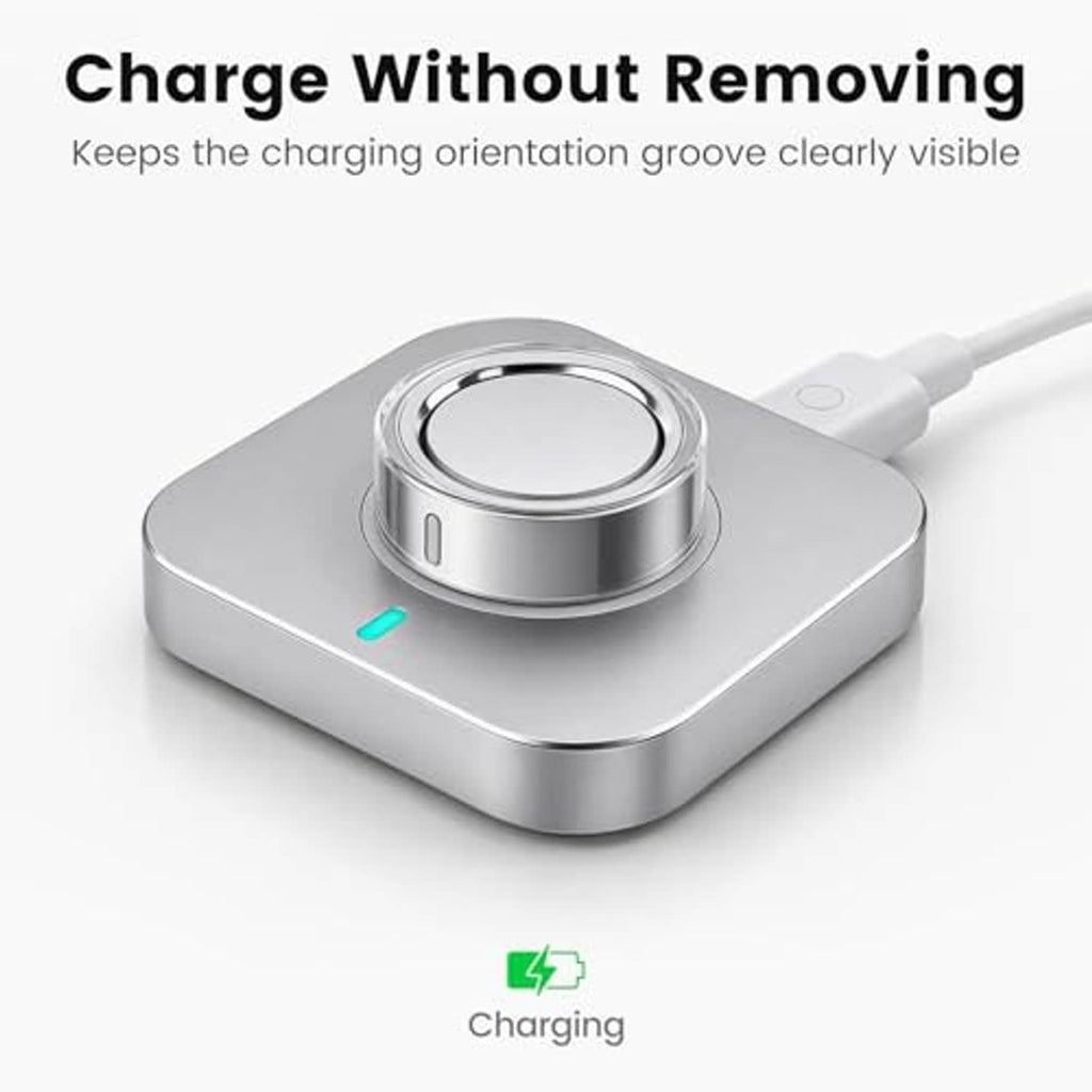 Metal-colored ring cover with clear TPU sleeve, charging base in view