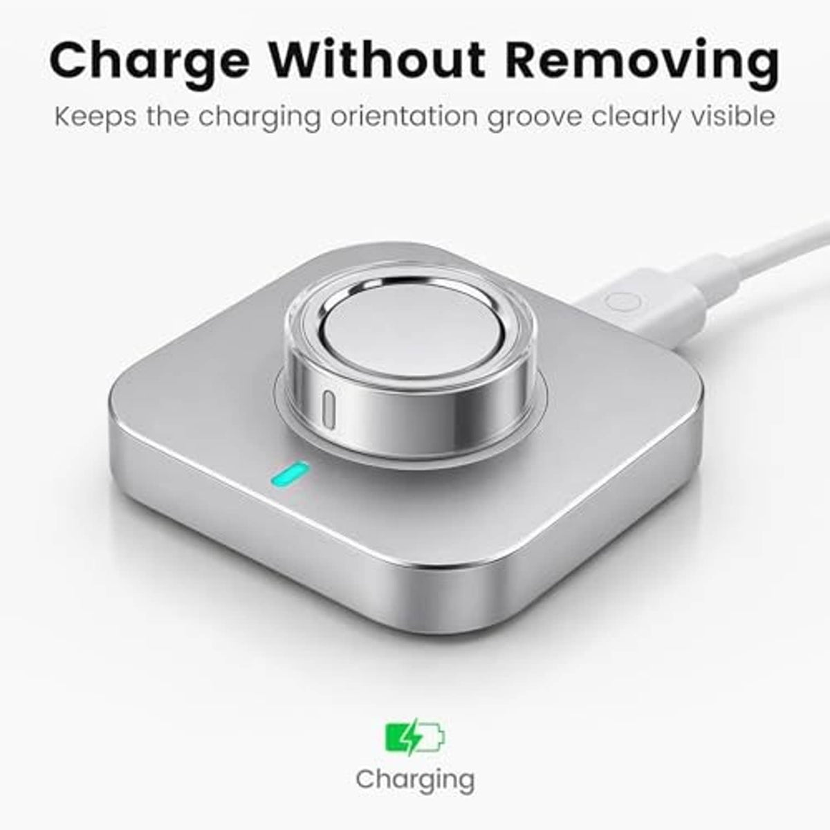 Metal-colored ring cover with clear TPU sleeve, charging base in view