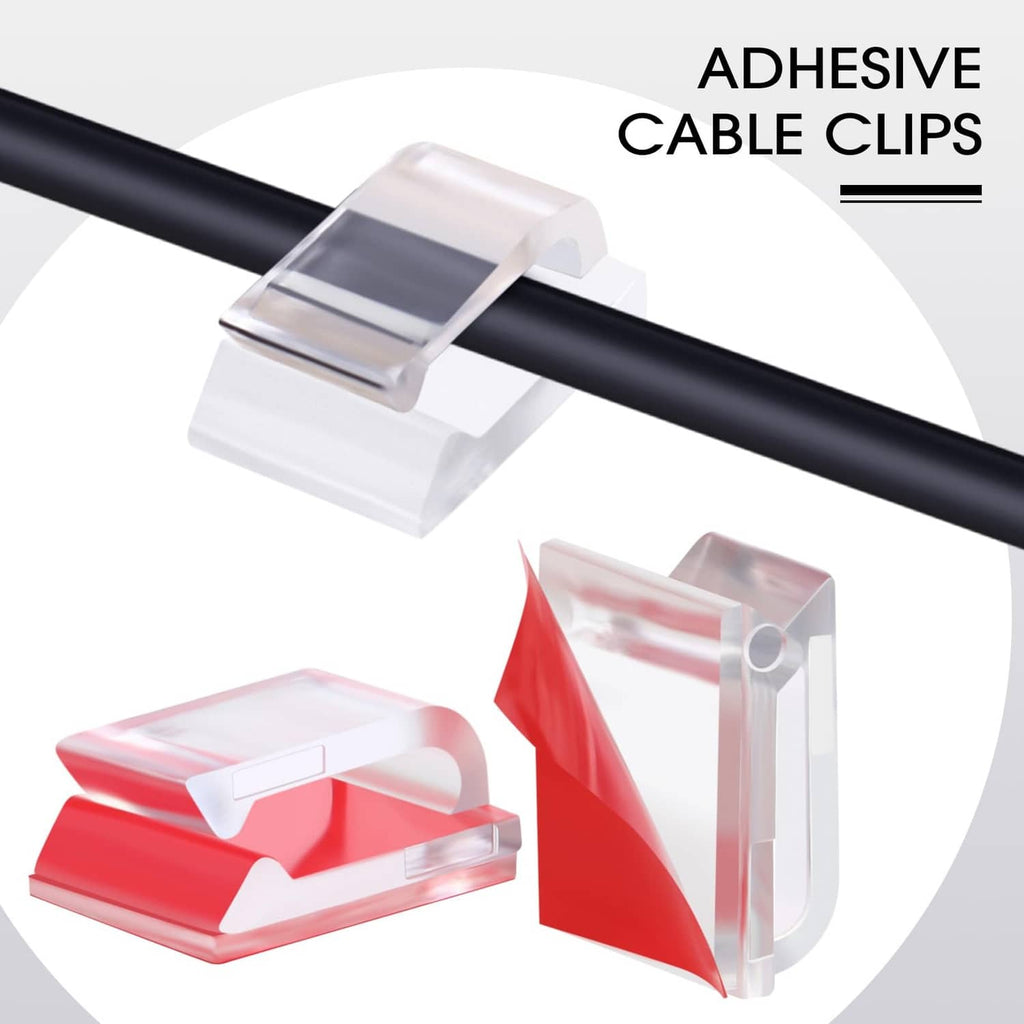 Clear adhesive cable clip on a black cord, with red-and-clear clip pieces.