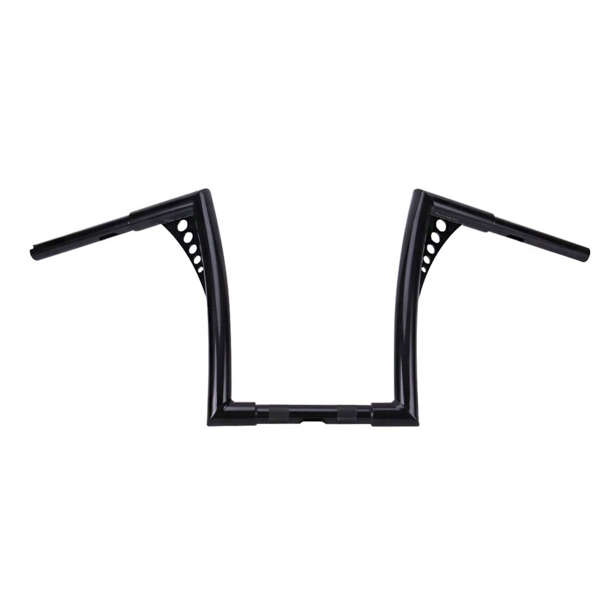 14 inch rise ape hanger handlebar, black metal frame with drilled holes on curved arms