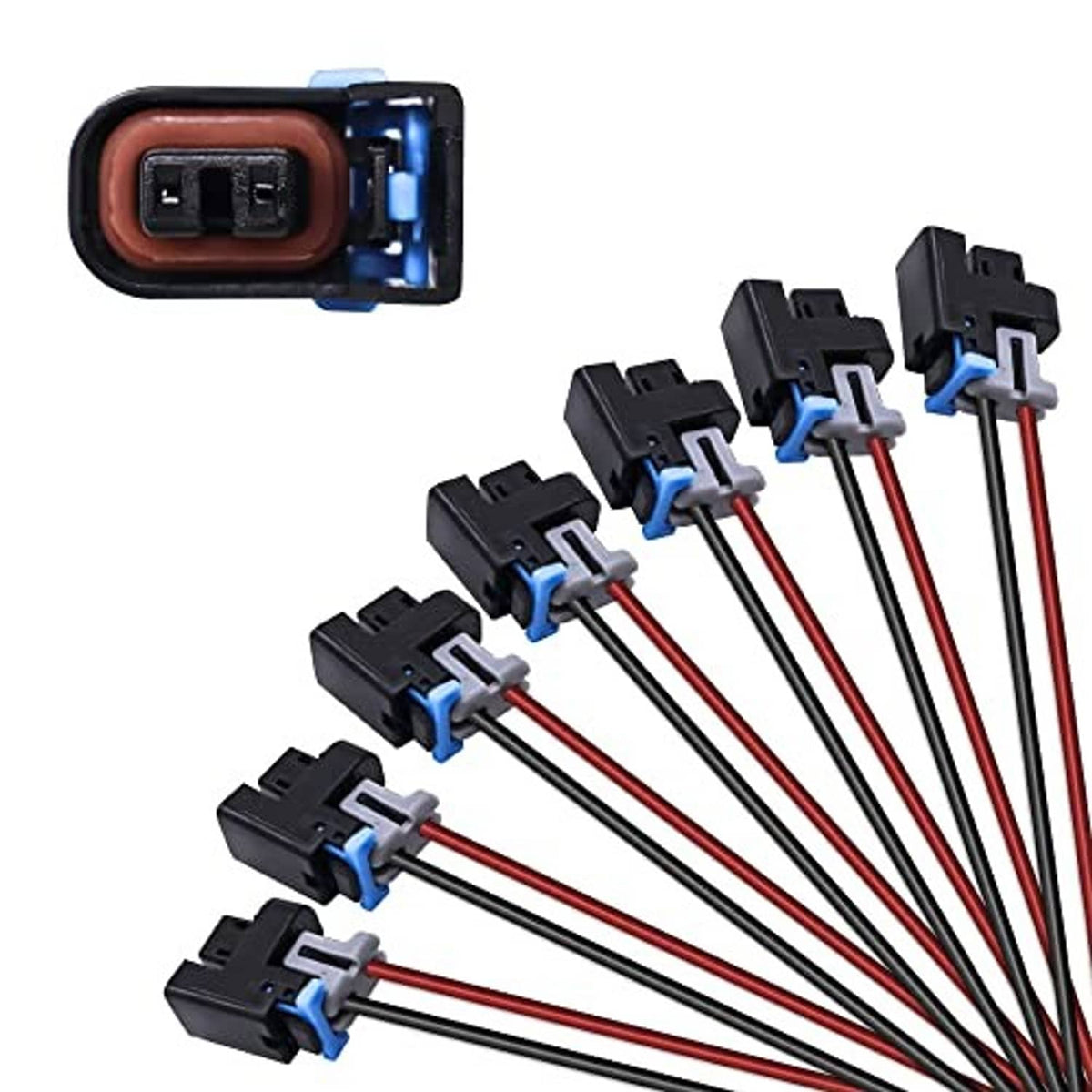 Fuel injector connector pigtail wire set showing 8 wiring leads with blue latch tabs