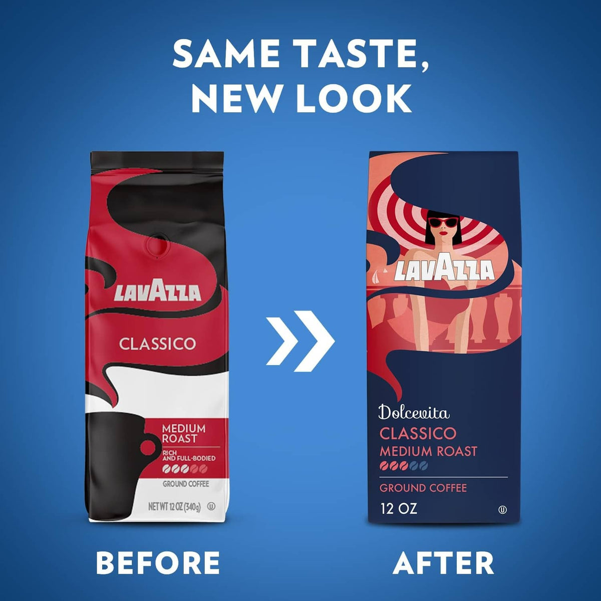 Lavazza ground coffee bag with red-and-blue Dolcevita Classic label, 12 oz
