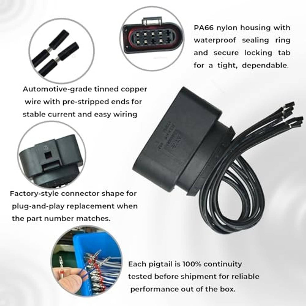 Headlight pigtail connector harness with 7-pin plug and black wire pigtails
