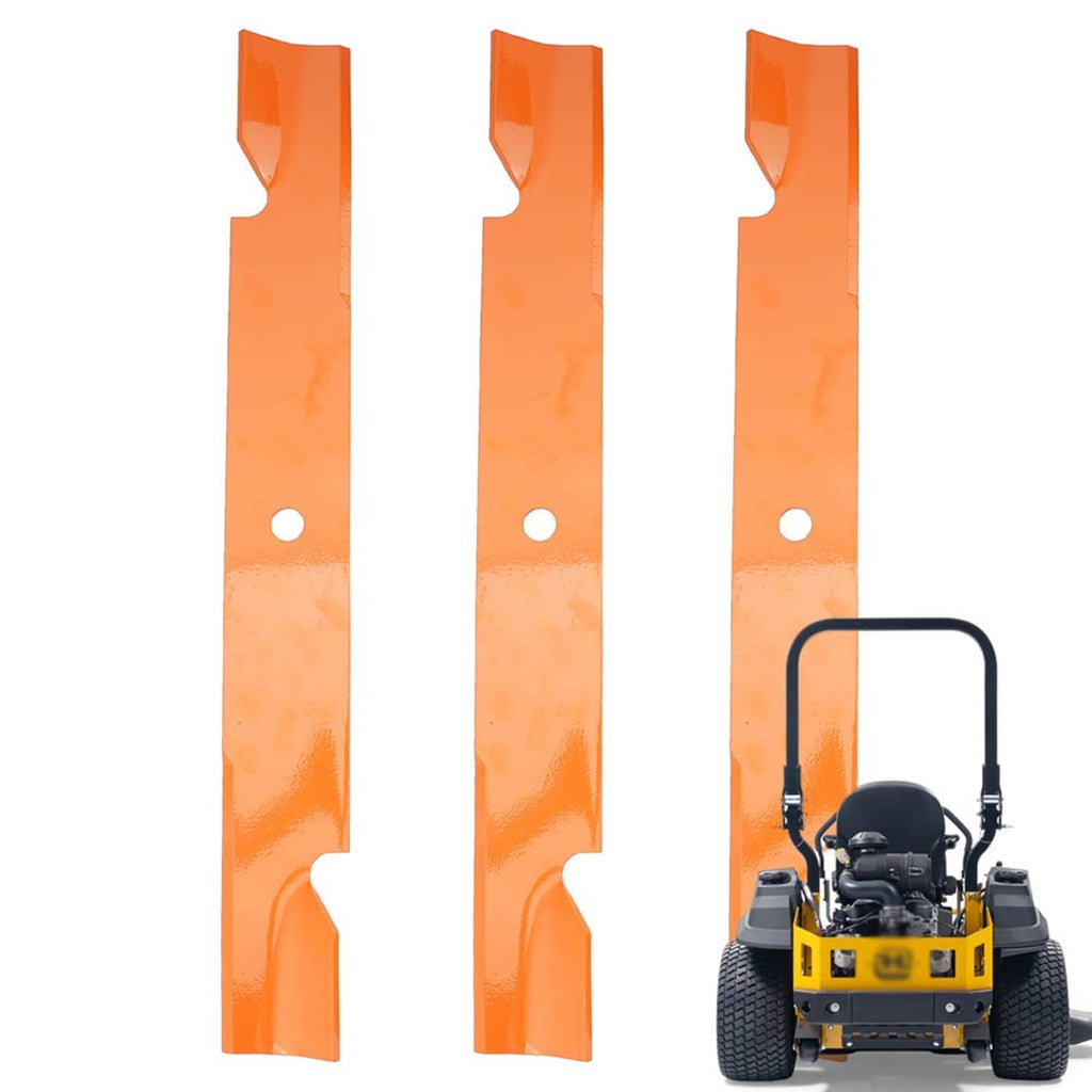 Set of three orange mower blades with notch and mounting holes