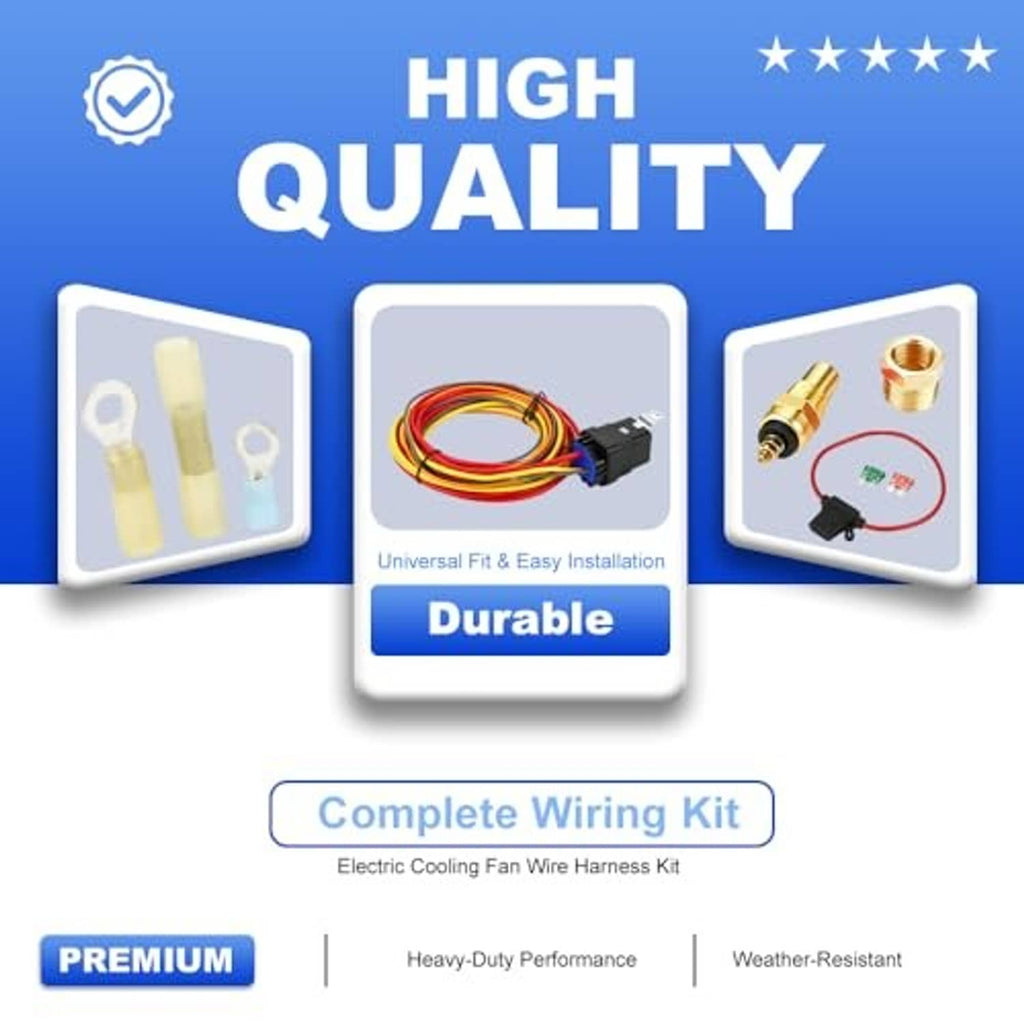 Electric cooling fan wire harness kit for universal fit with multi-color wires and connectors