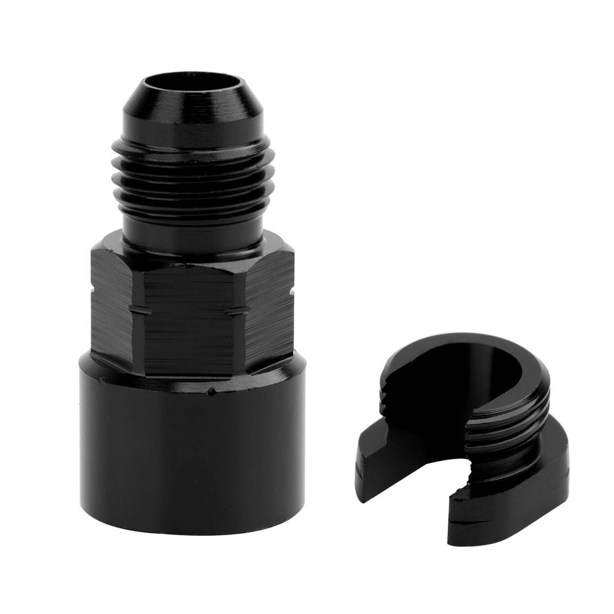 Black AN 8 fuel adapter fitting with threaded ends and quick-connect latch port