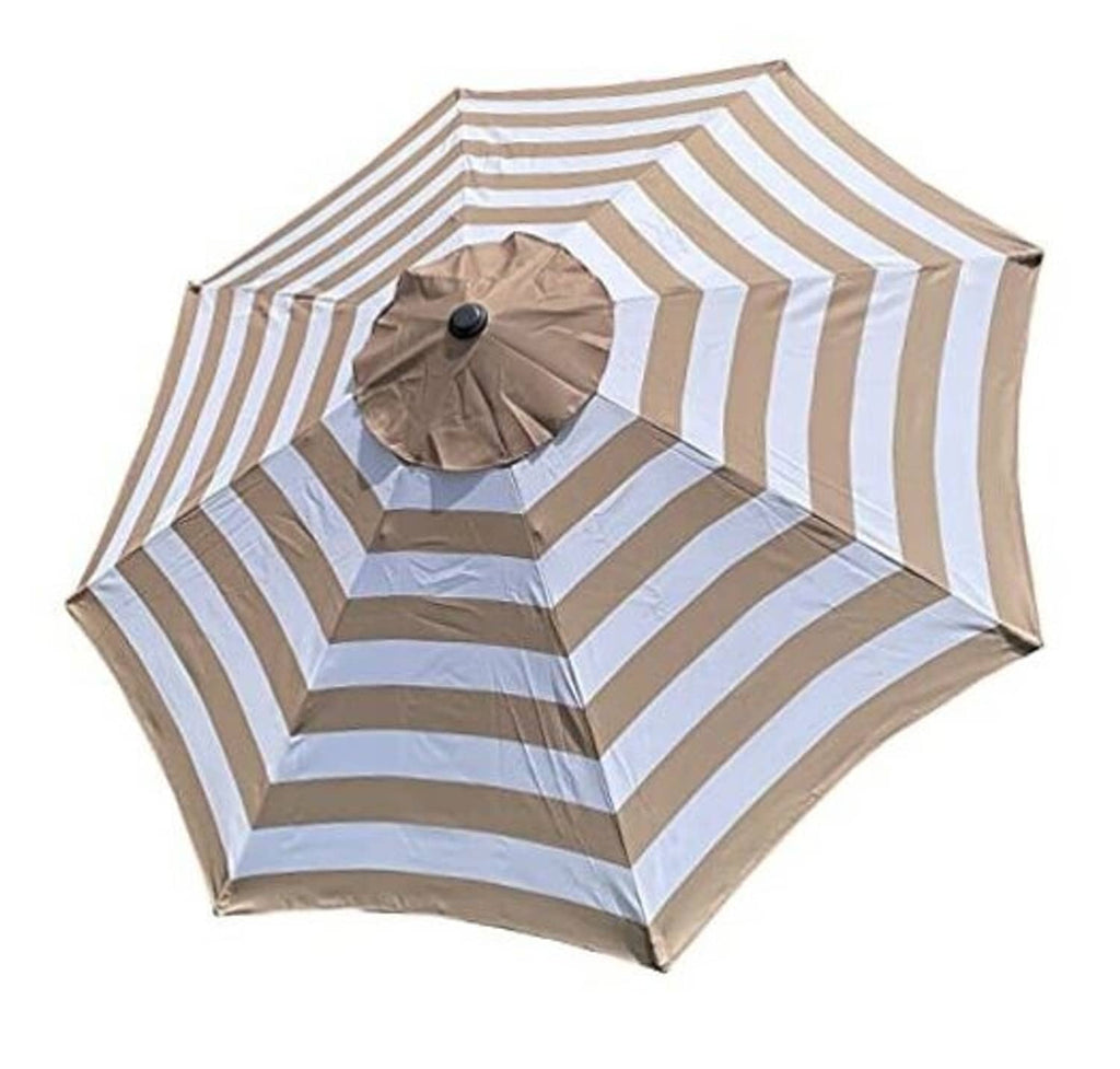 Patio umbrella replacement canopy with tan and white stripes, round tan vent with black knob