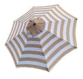 Patio umbrella replacement canopy with tan and white stripes, round tan vent with black knob