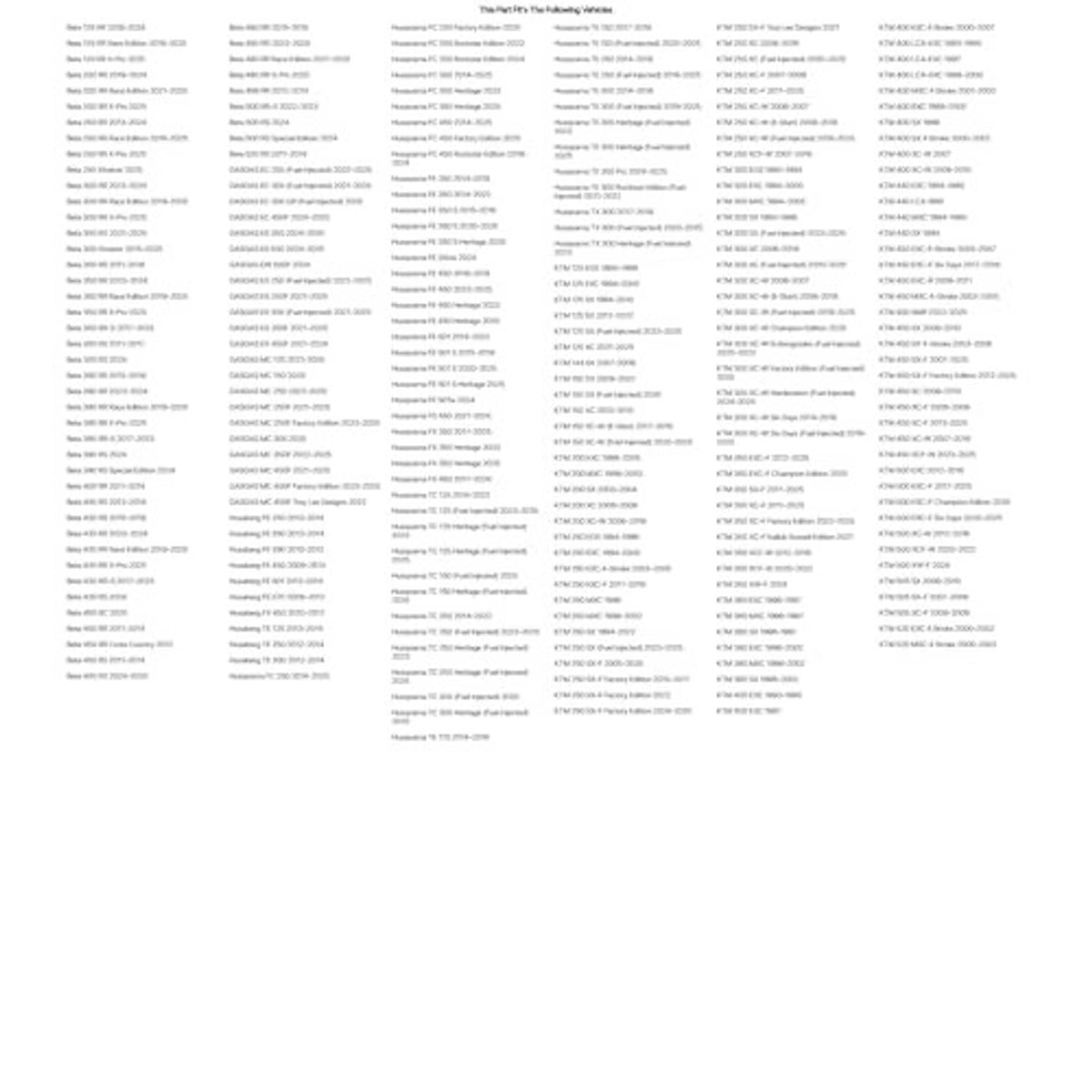Compatibility chart with model listings for front sprocket application (text table)