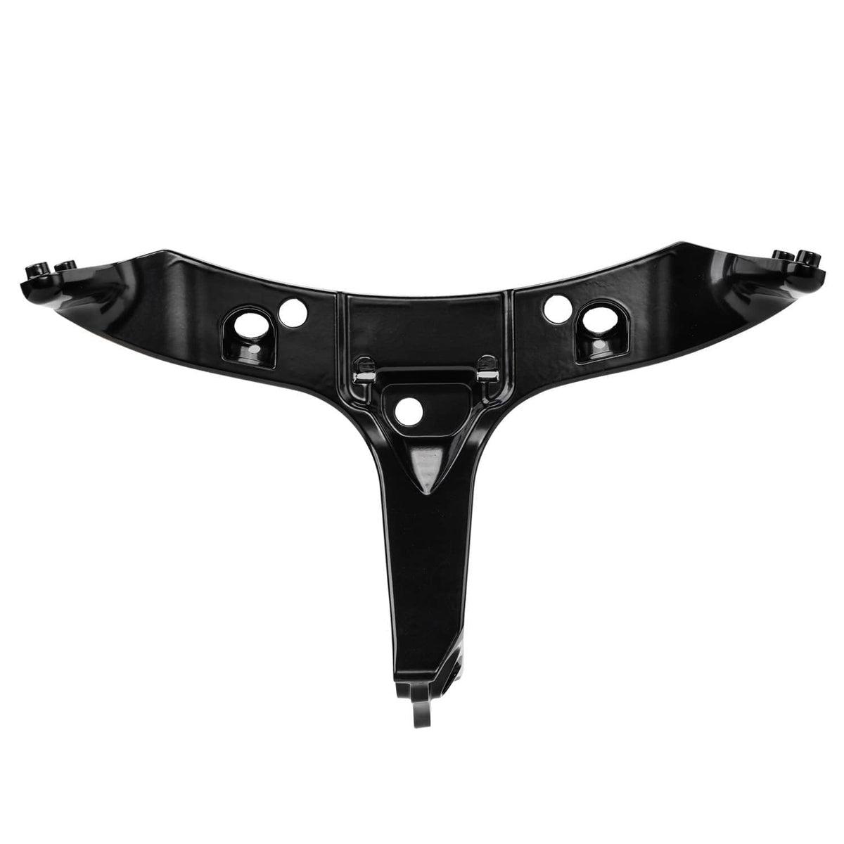 Black motorcycle front cowl stay bracket, curved crossbar with bolt holes