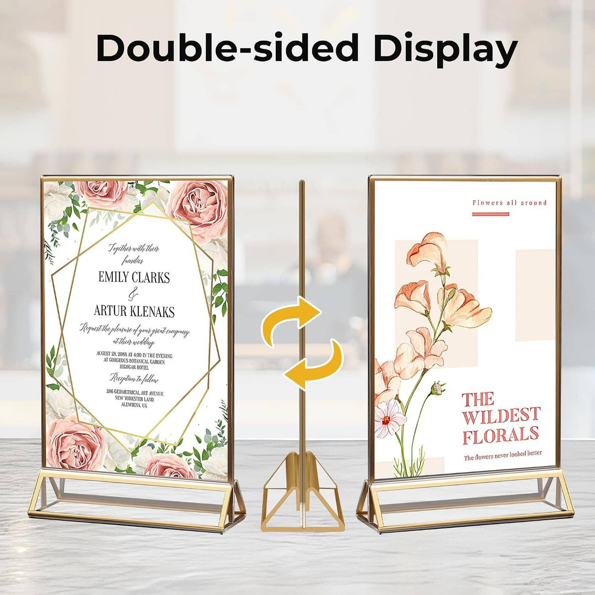 Gold 4x6 acrylic double-sided sign holder set with two upright tent stands