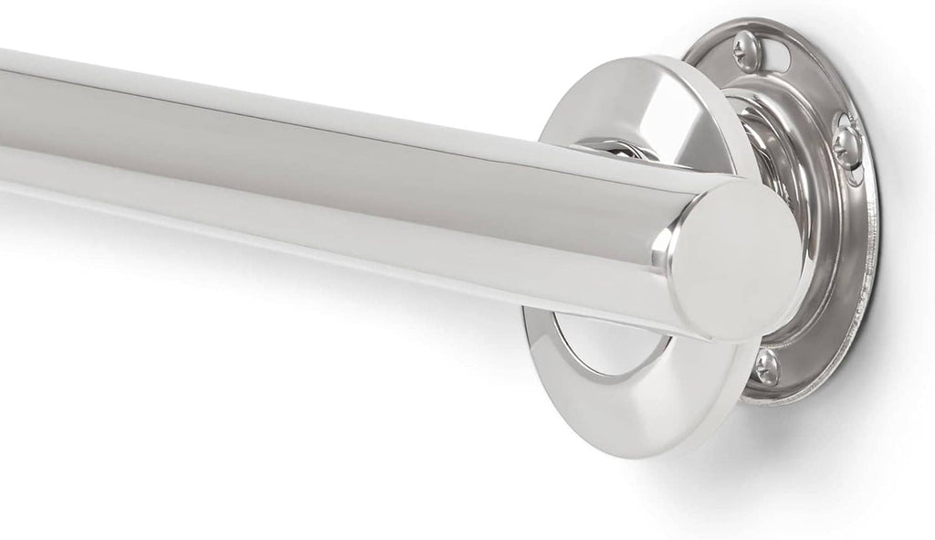 Wall-mounted polished stainless steel grab bar with round mounting flange