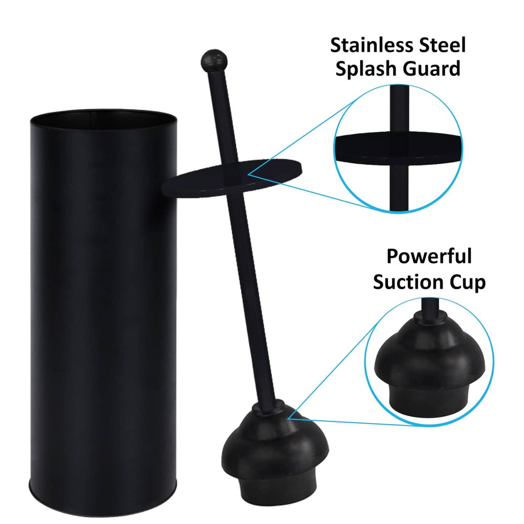 Matte black toilet plunger with holder and splash guard suction cup