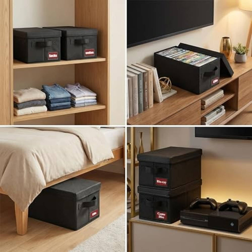 Stacked black CD storage boxes with lid and front drawers, displayed on a shelf