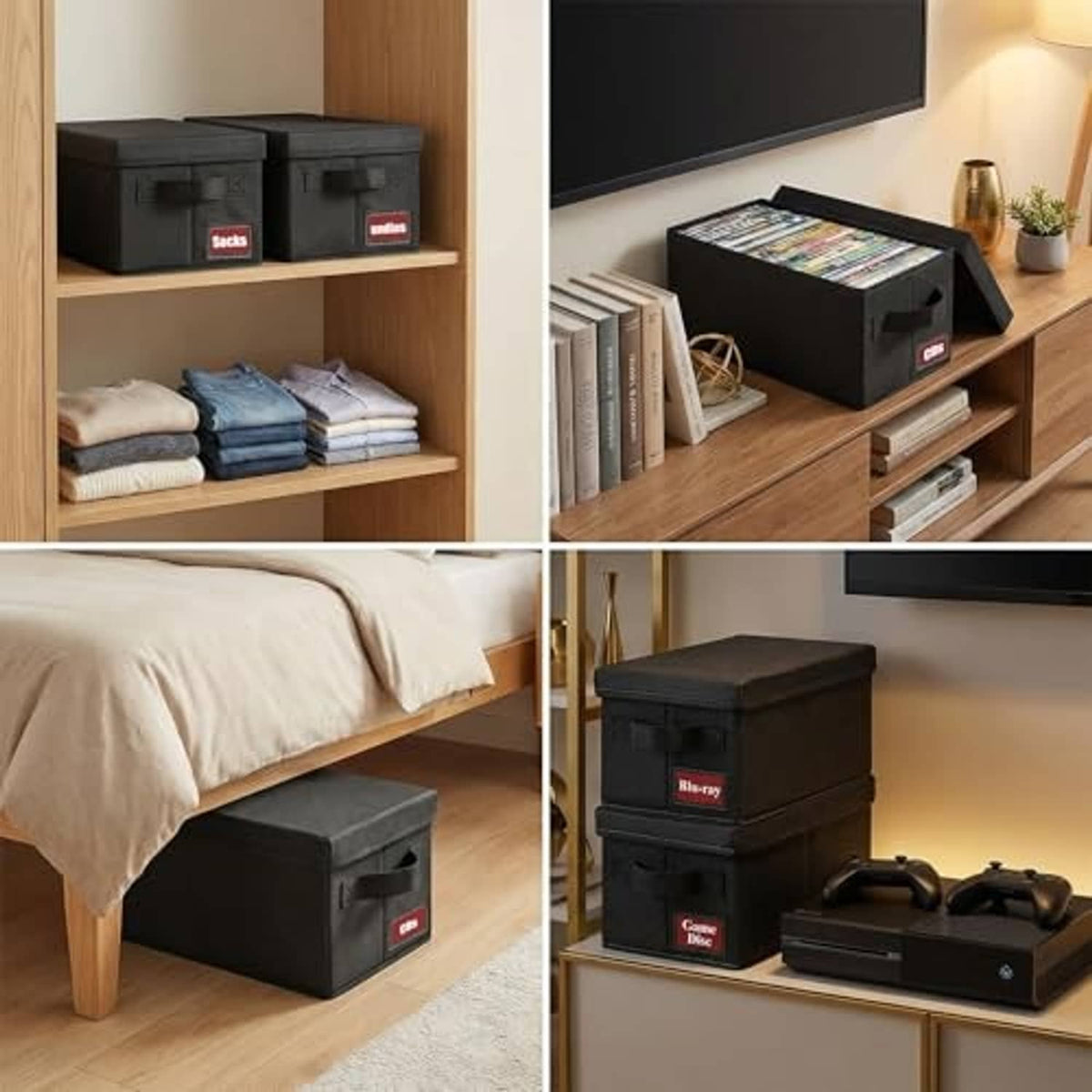 Stacked black CD storage boxes with lid and front drawers, displayed on a shelf