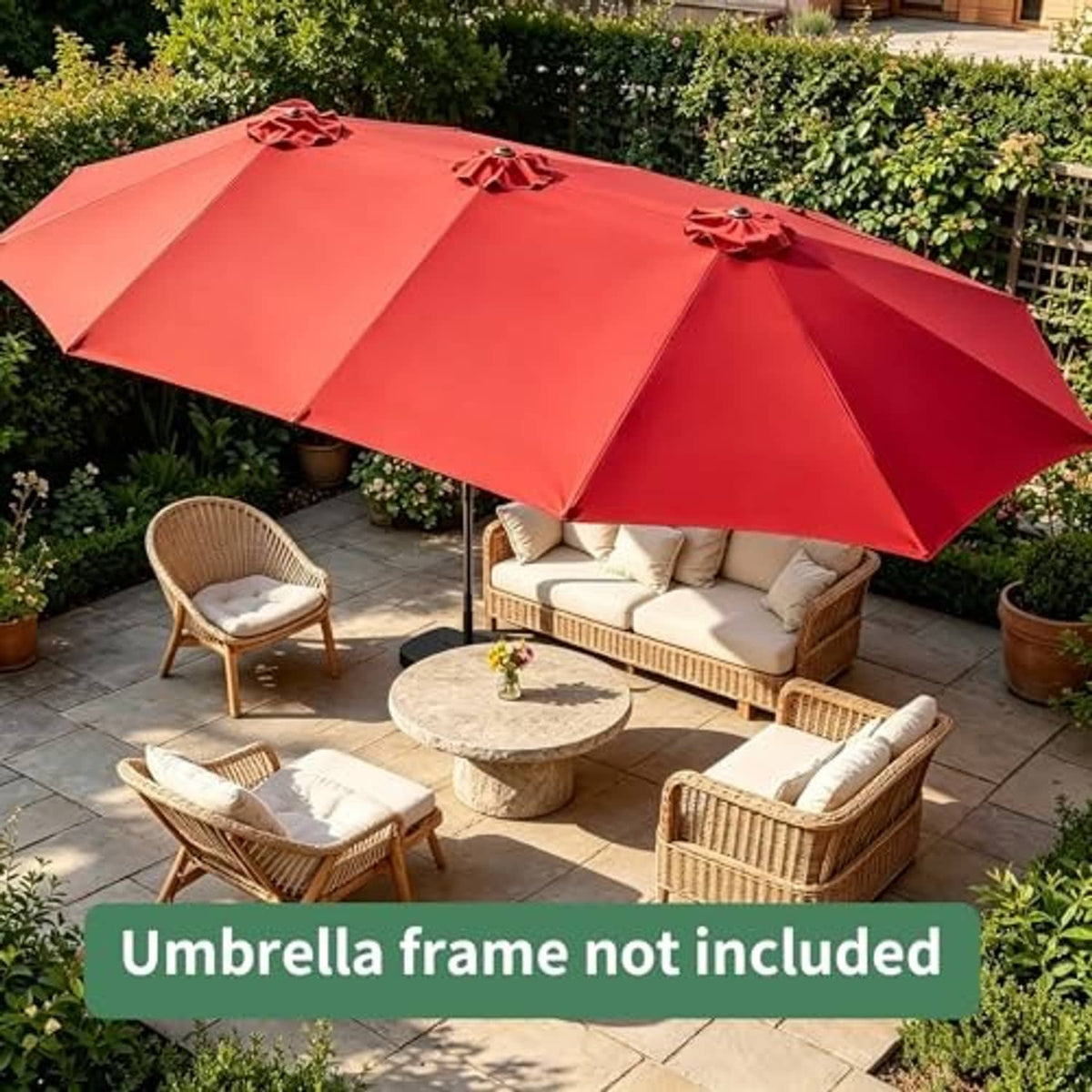 Red patio umbrella canopy with three flower-style vent grommets, open panels
