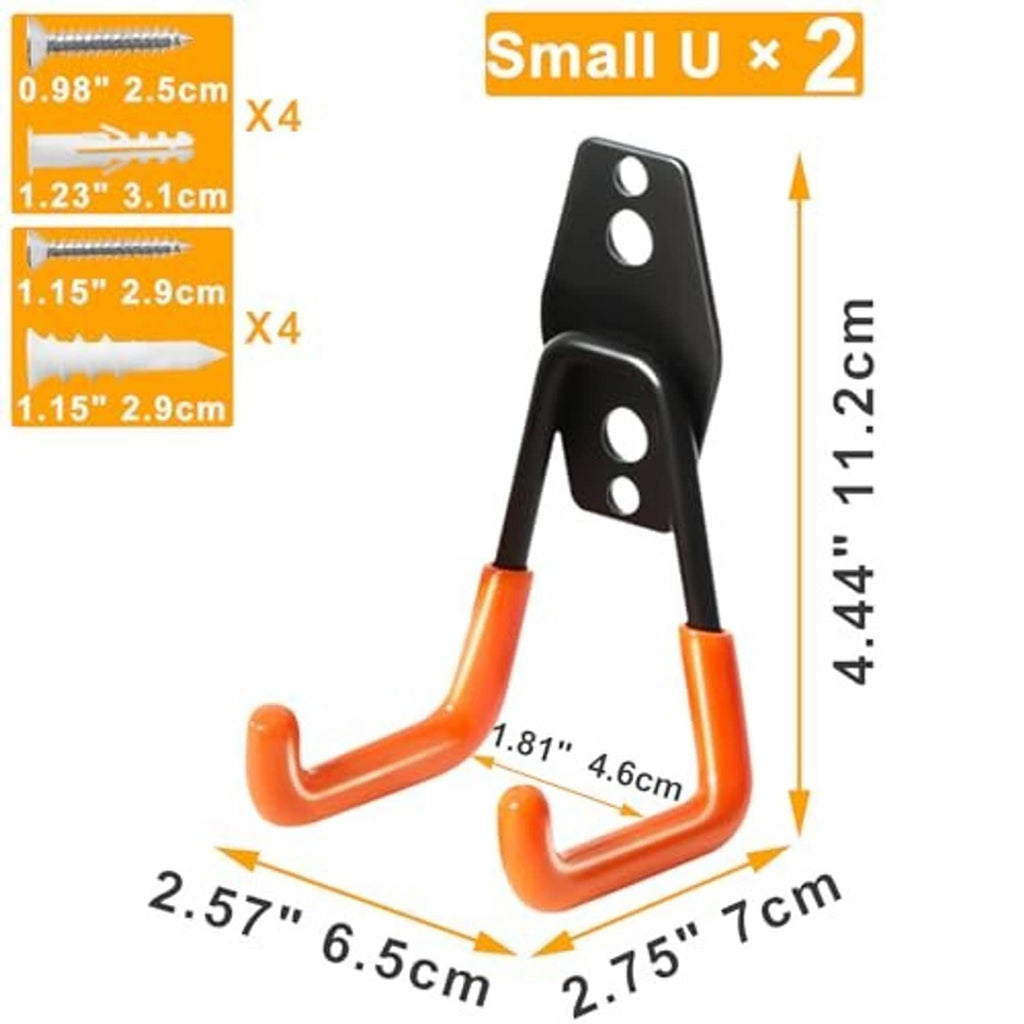 Wall hook pair shown with orange rubber double-prong arms and black steel mounting bracket