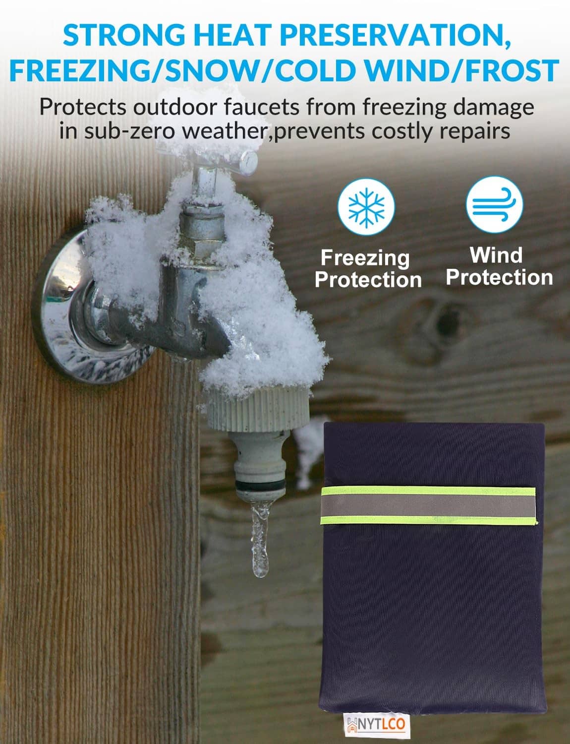 Navy outdoor faucet cover with green band, shown protecting a faucet in winter