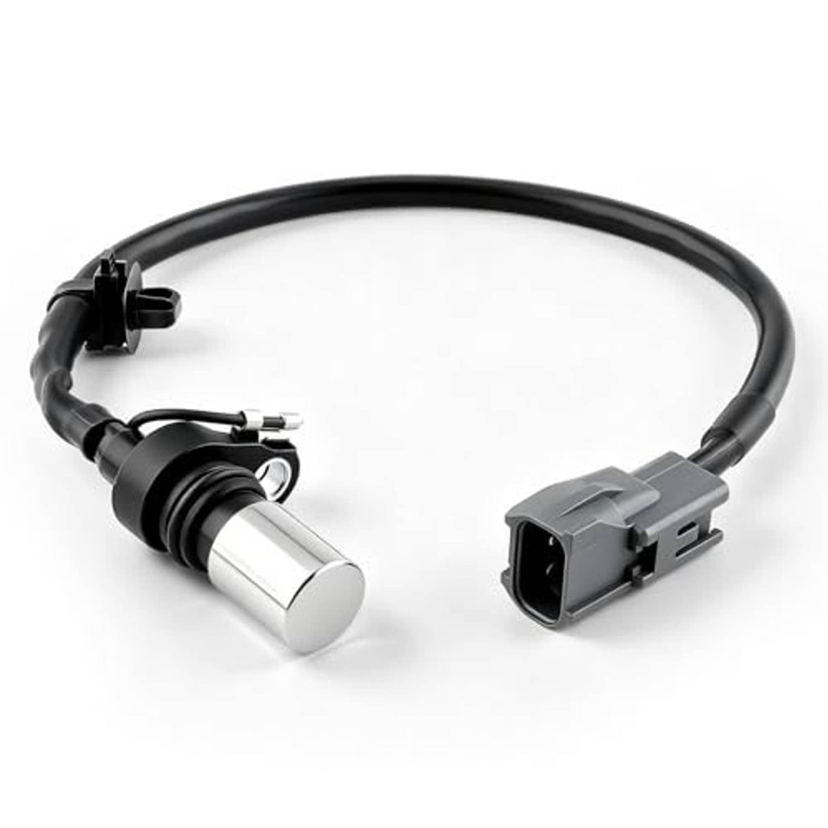 Crankshaft position sensor with black wiring and electrical plug, silver metal tip