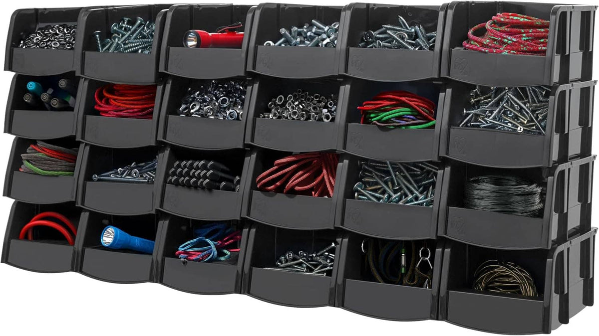 24-pack extra small black stackable storage bins with multiple compartments and parts