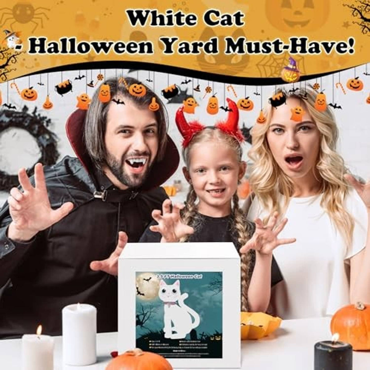 White inflatable cat decoration with LED lights shown with Halloween yard party family.