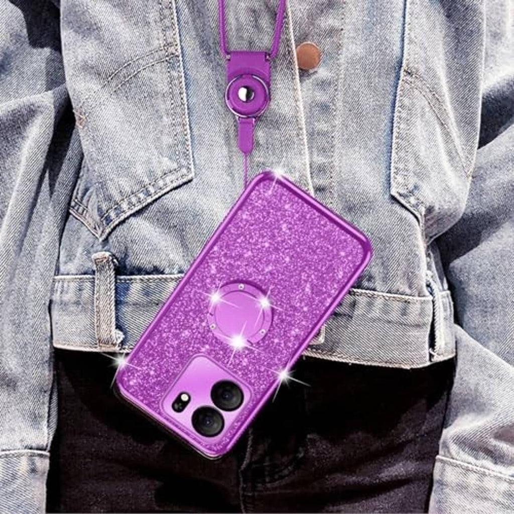 Purple glitter TPU phone case with ring kickstand and attached lanyard on denim