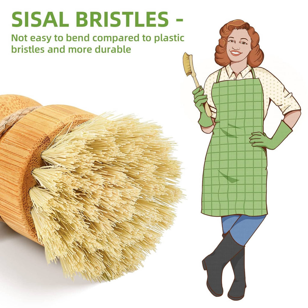Wooden dish brush with light bristles and rounded bamboo handle