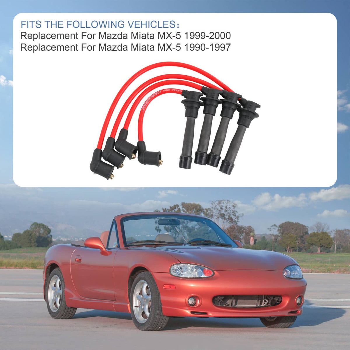 Spark plug wire set with red wires and black boots, fitment list shown