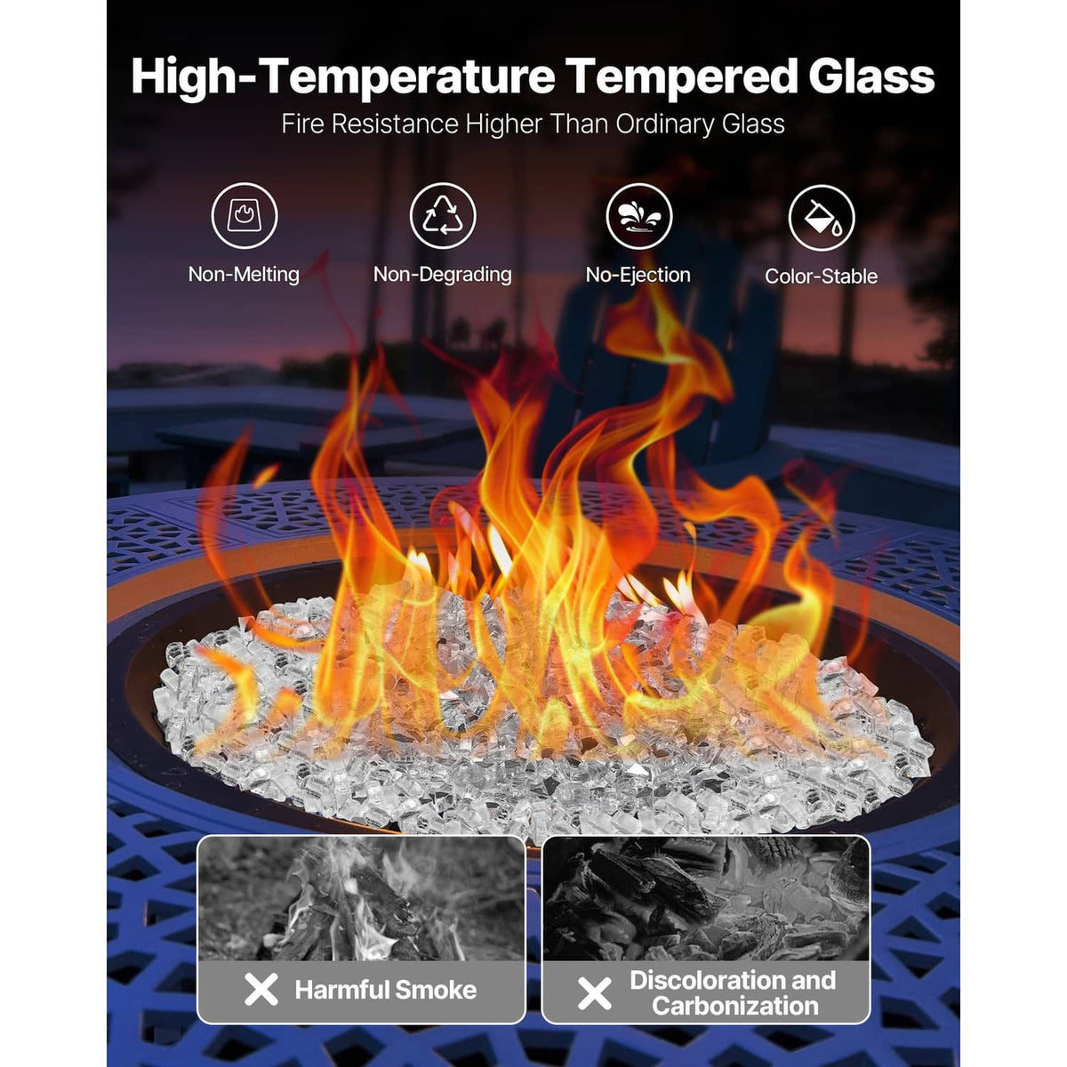 Clear crushed glass fire pit gems in a round pan with bright flames on top