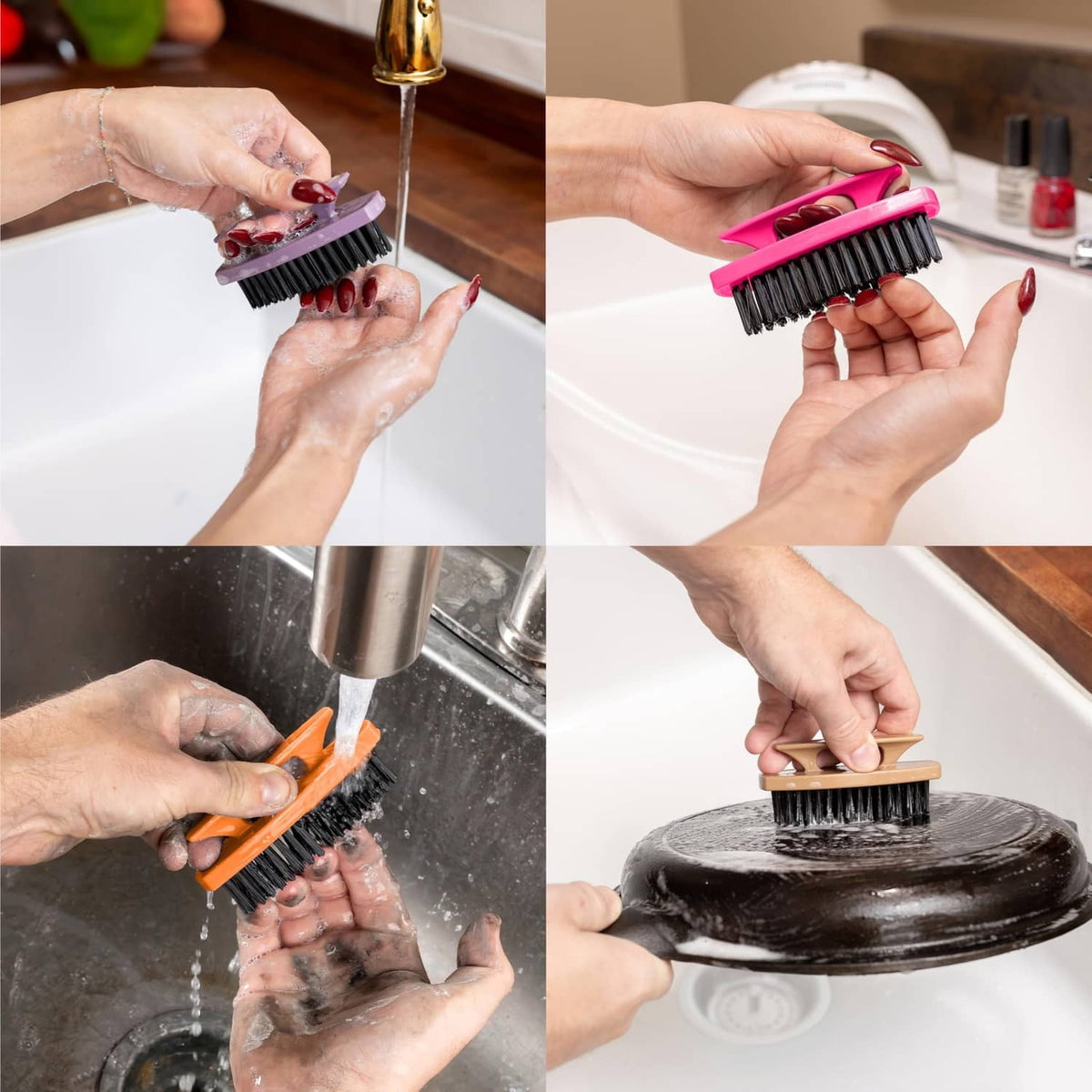 Hands scrubbing nails with nail brushes in sink, orange and pink handles shown