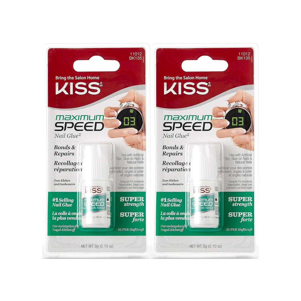 2-pack maximum speed nail glue blister card with two white bottles