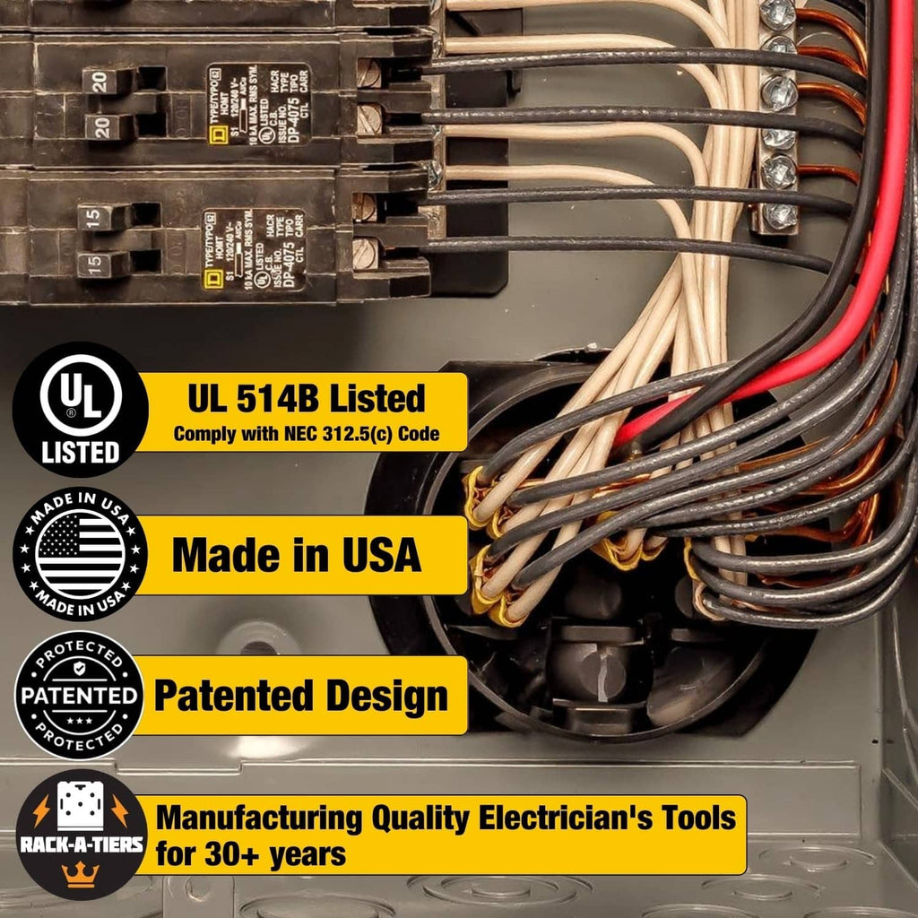 Electrical panel connector area with bundled NM wires and black wire waffle insert