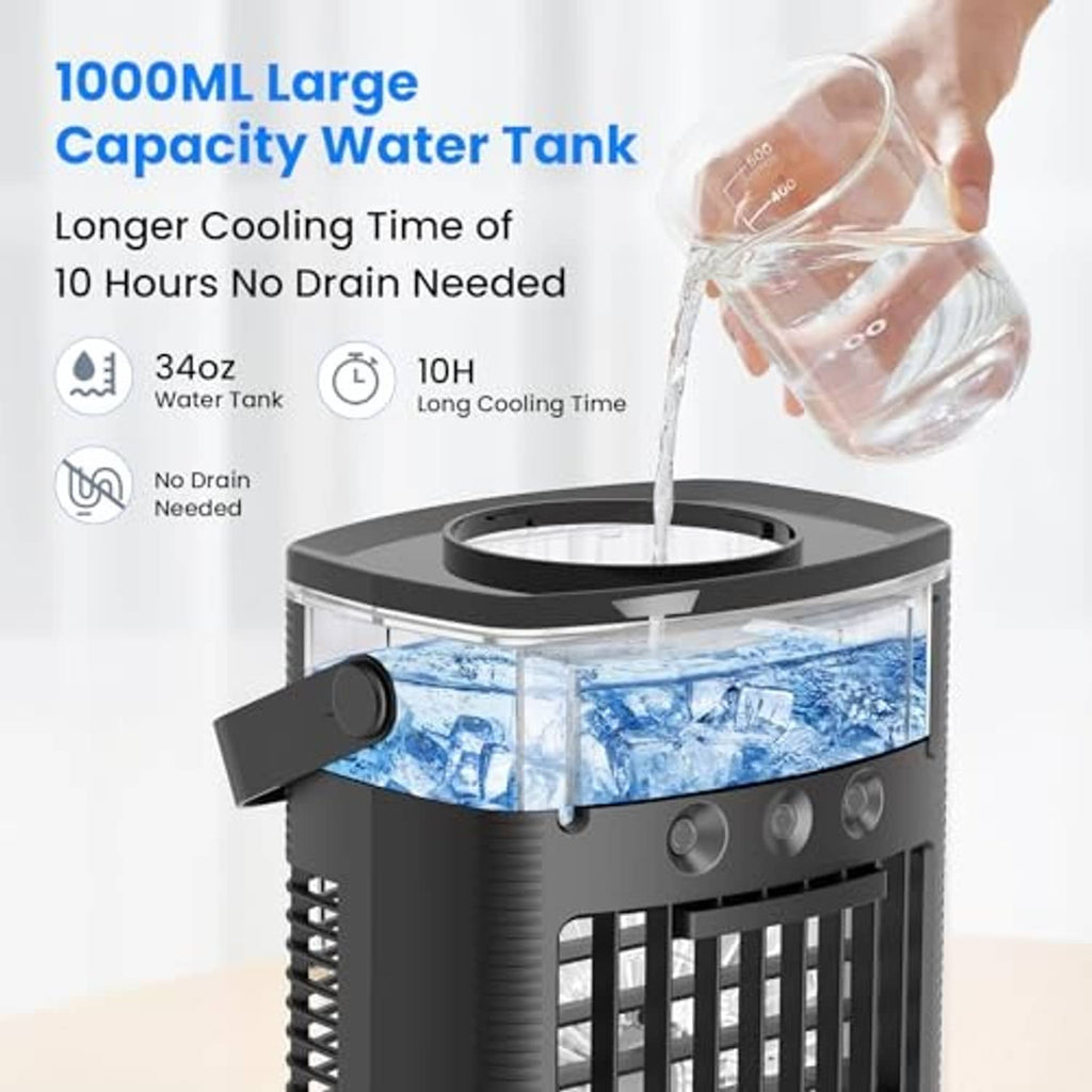 Black portable air cooler with water tank opening and clear water being poured