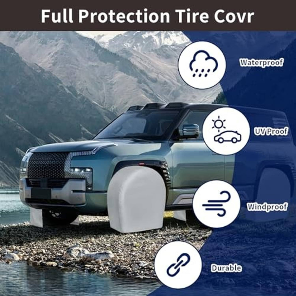 Gray tire cover on wheel with icons for waterproof, UV, windproof, and durability