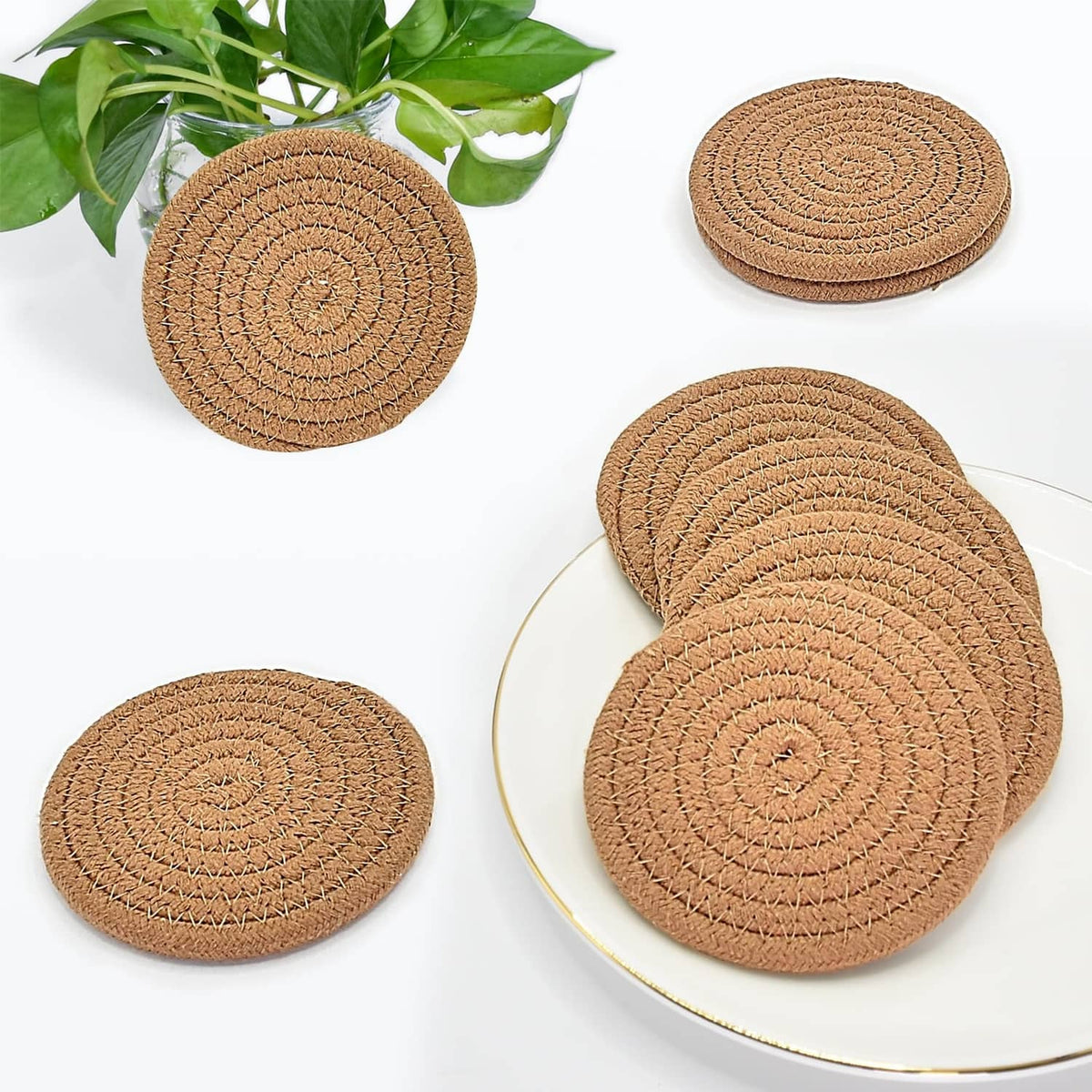 Multiple round woven tan drink coasters arranged on a plate, braided spiral texture