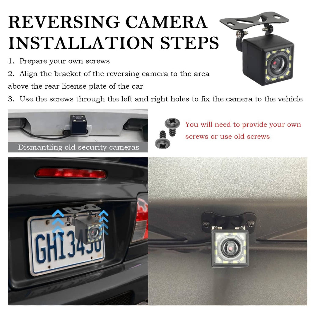Backup camera and mounting bracket with installation step diagram for license plate
