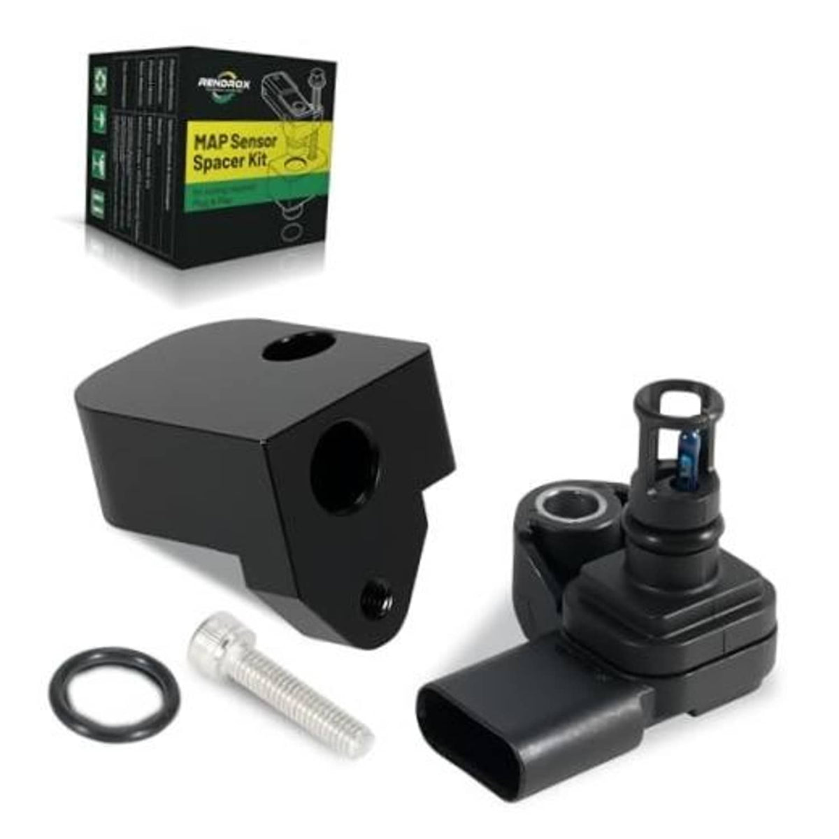 Black sensor spacer kit with MAP sensor, connector, O-ring, and mounting bolt