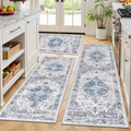3-piece boho kitchen rug set in grey and blue with distressed medallion-style motifs