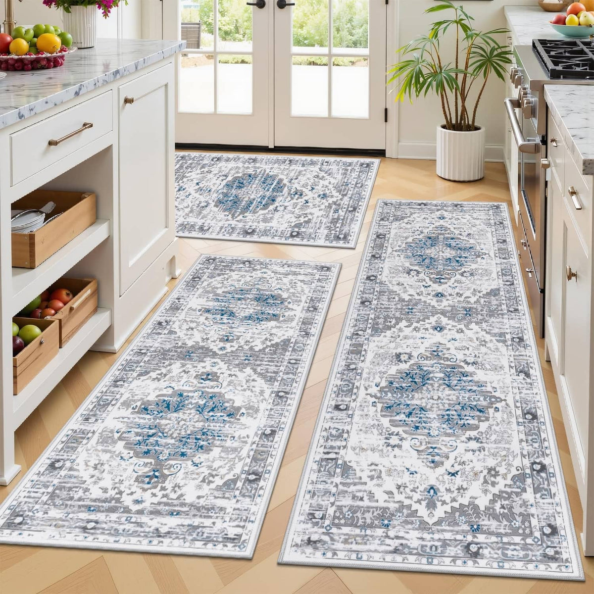 3-piece boho kitchen rug set in grey and blue with distressed medallion-style motifs